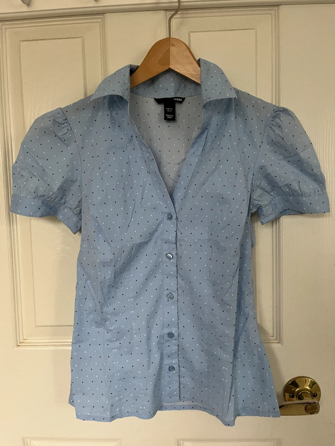 H&M Blue Polka Dot Short Sleeve Button-Up Shirt