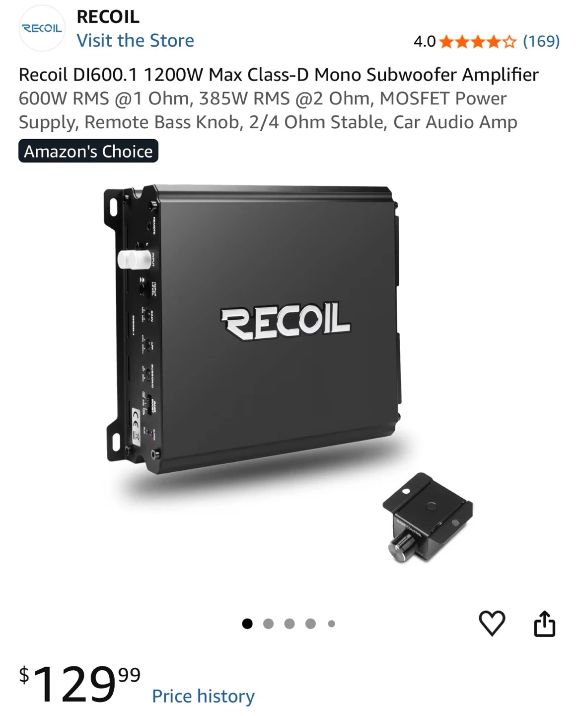 Recoil DI600.1 1200W Max Mono Subwoofer Amplifier - photo 2
