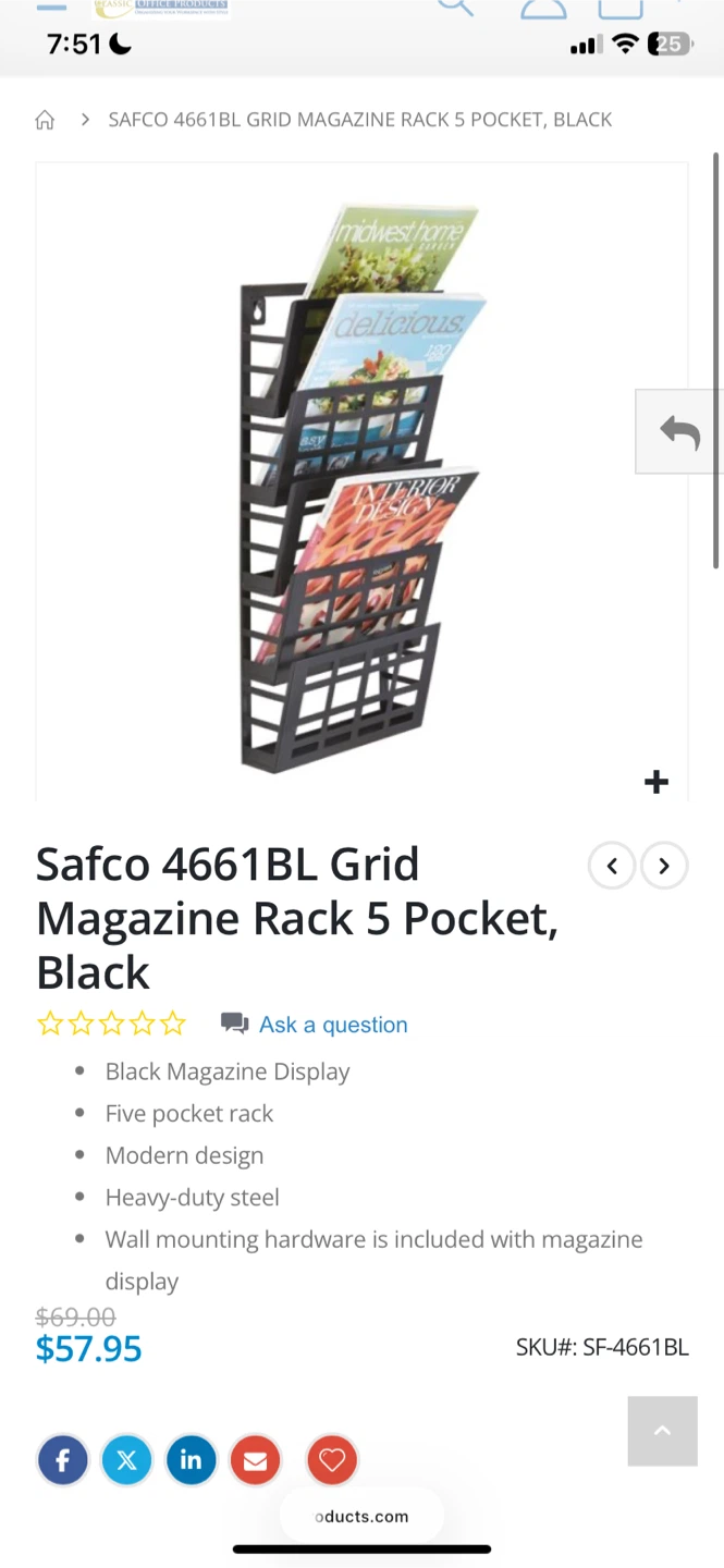 Safco 4661BL Black Grid Magazine Rack, 5 Pockets