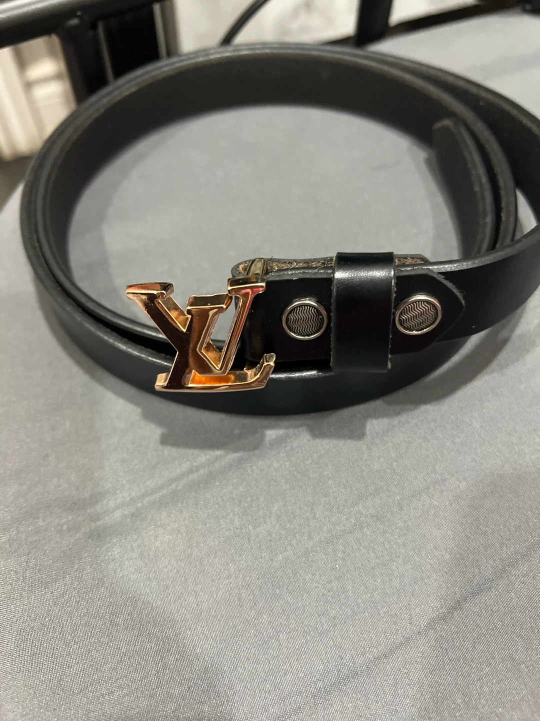 Louis Vuitton Black Leather Belt with Gold LV Buckle