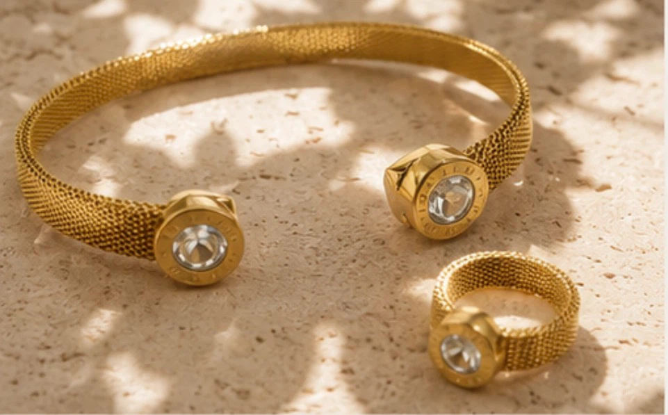 Gold Mesh Bracelet and Ring Set with Crystal Accents - photo 2