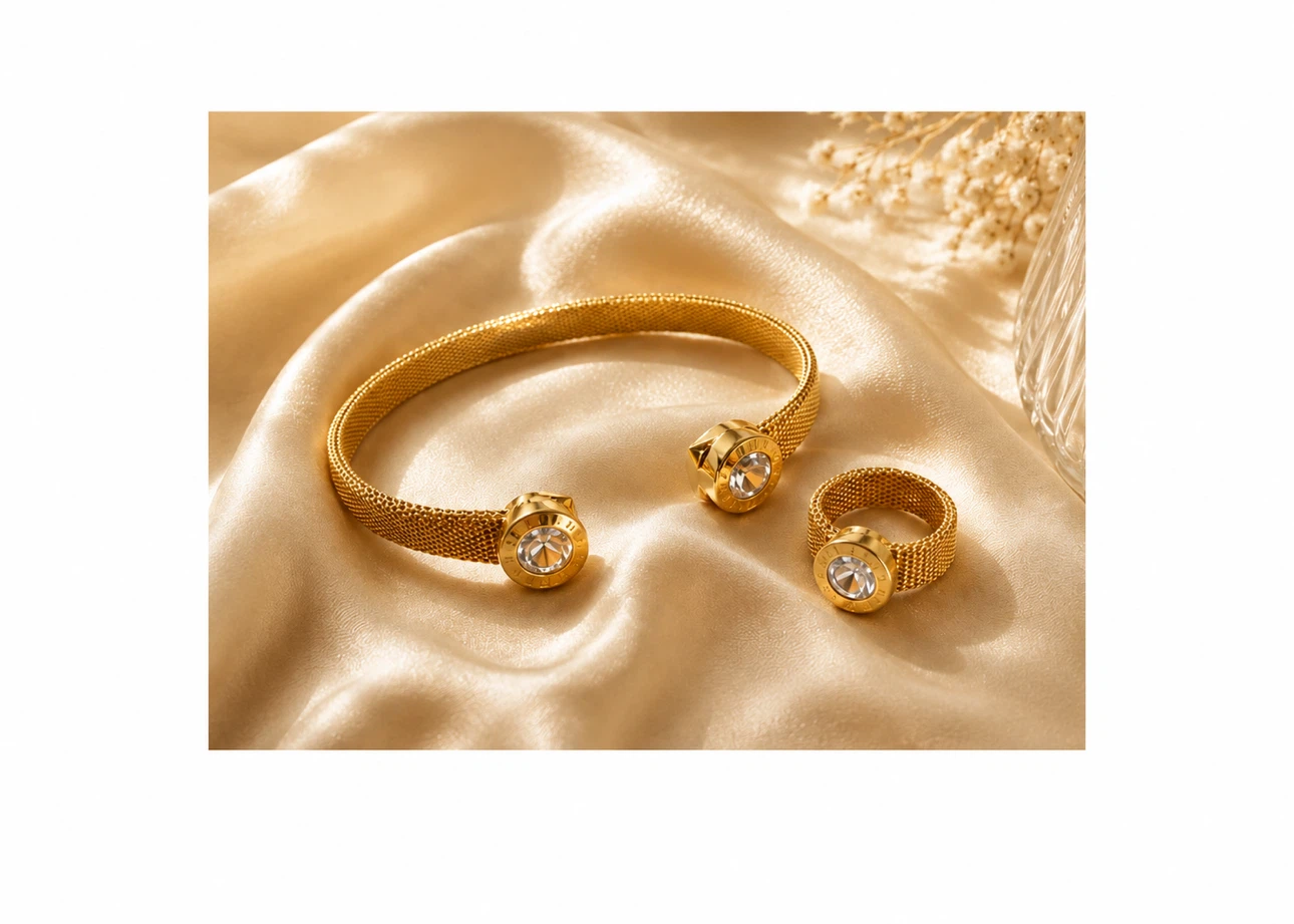 Gold Mesh Bracelet and Ring Set with Crystal Accents - photo 4