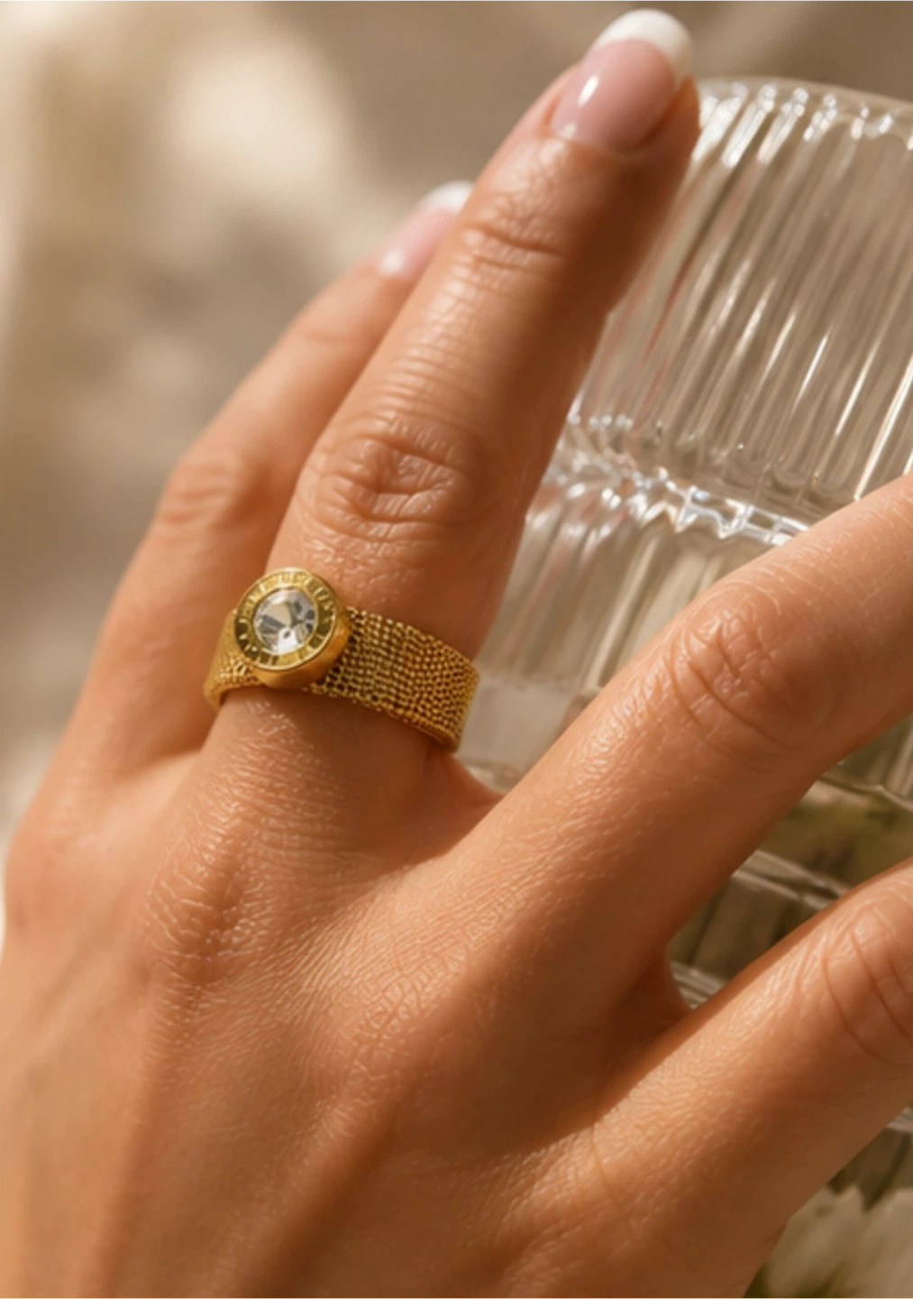 Gold Mesh Bracelet and Ring Set with Crystal Accents - photo 5