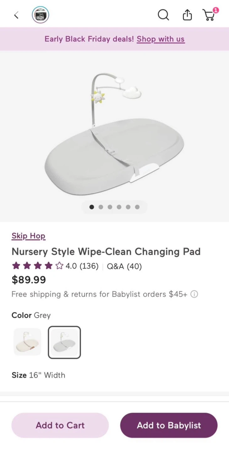 Skip Hop Nursery Style Wipe-Clean Changing Pad - Grey