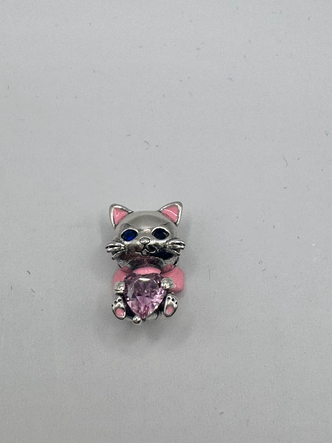 Sterling Silver Cat Charm with Pink Bow and Heart Gem
