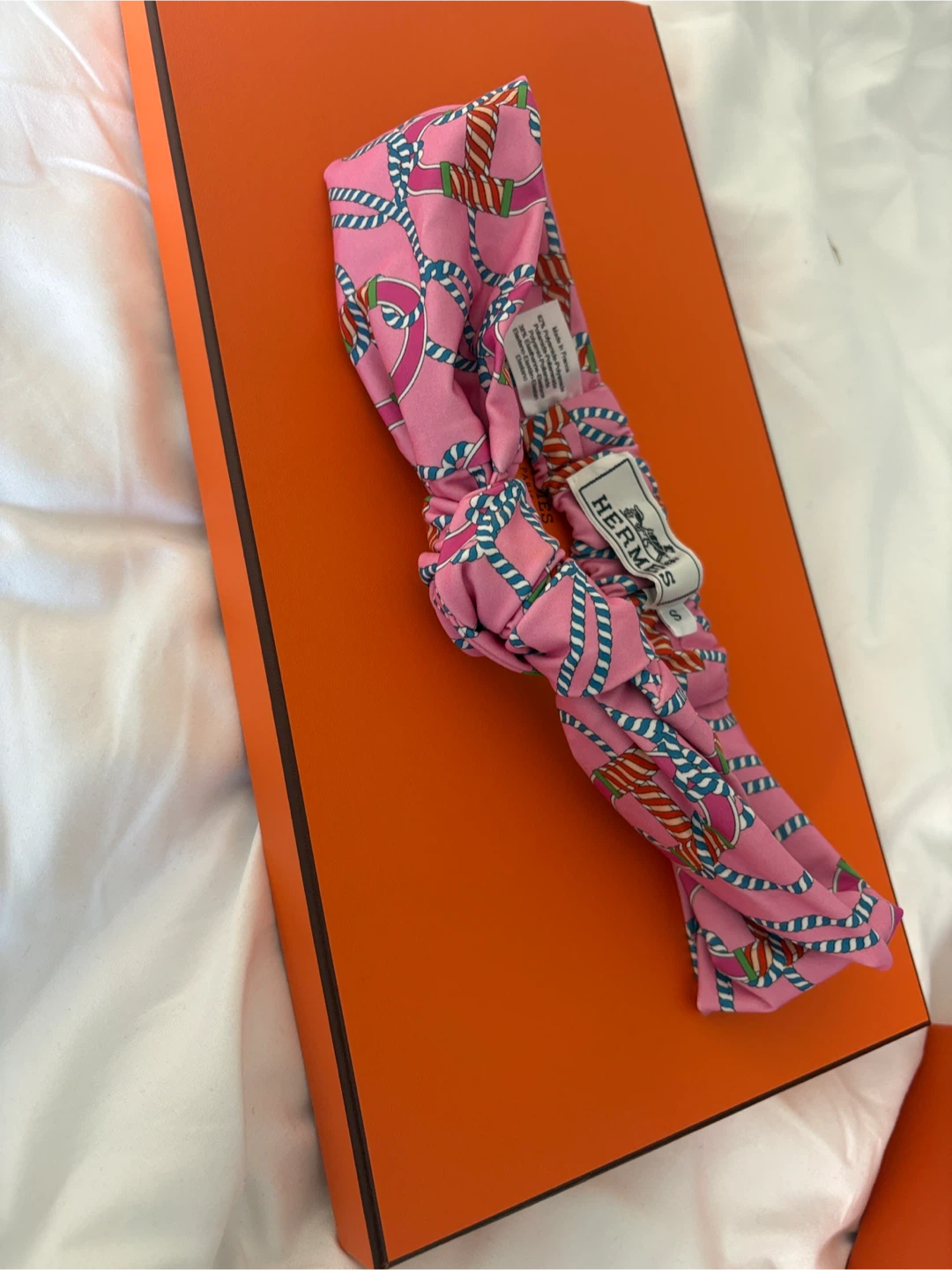 Hermès Pink Chain Print Silk Twilly Headband