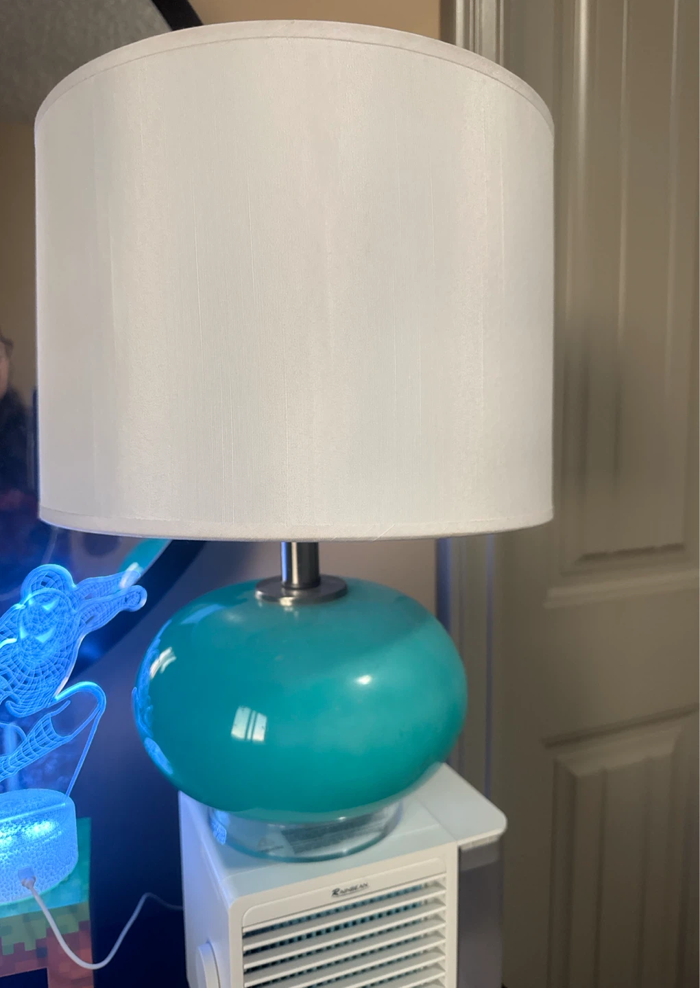 Teal Round Accent Lamp with White Drum Shade