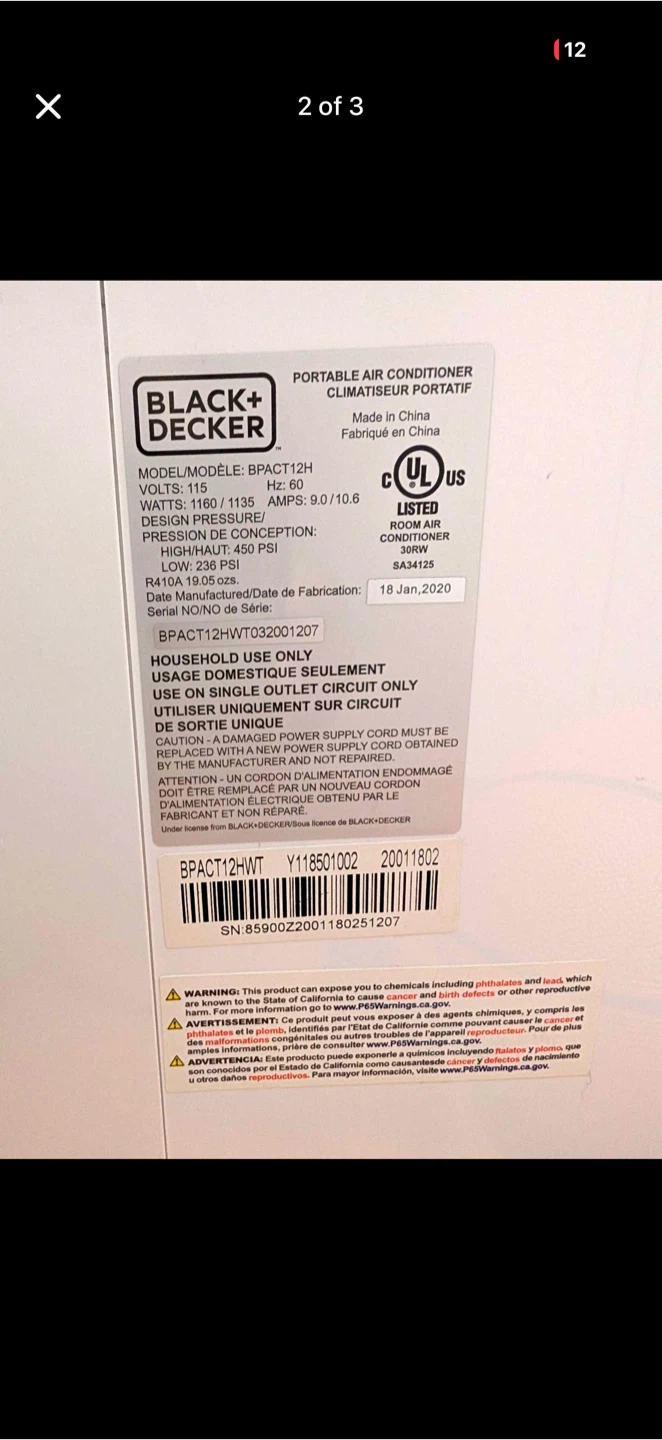 Black+Decker Portable Air Conditioner BPACT12H