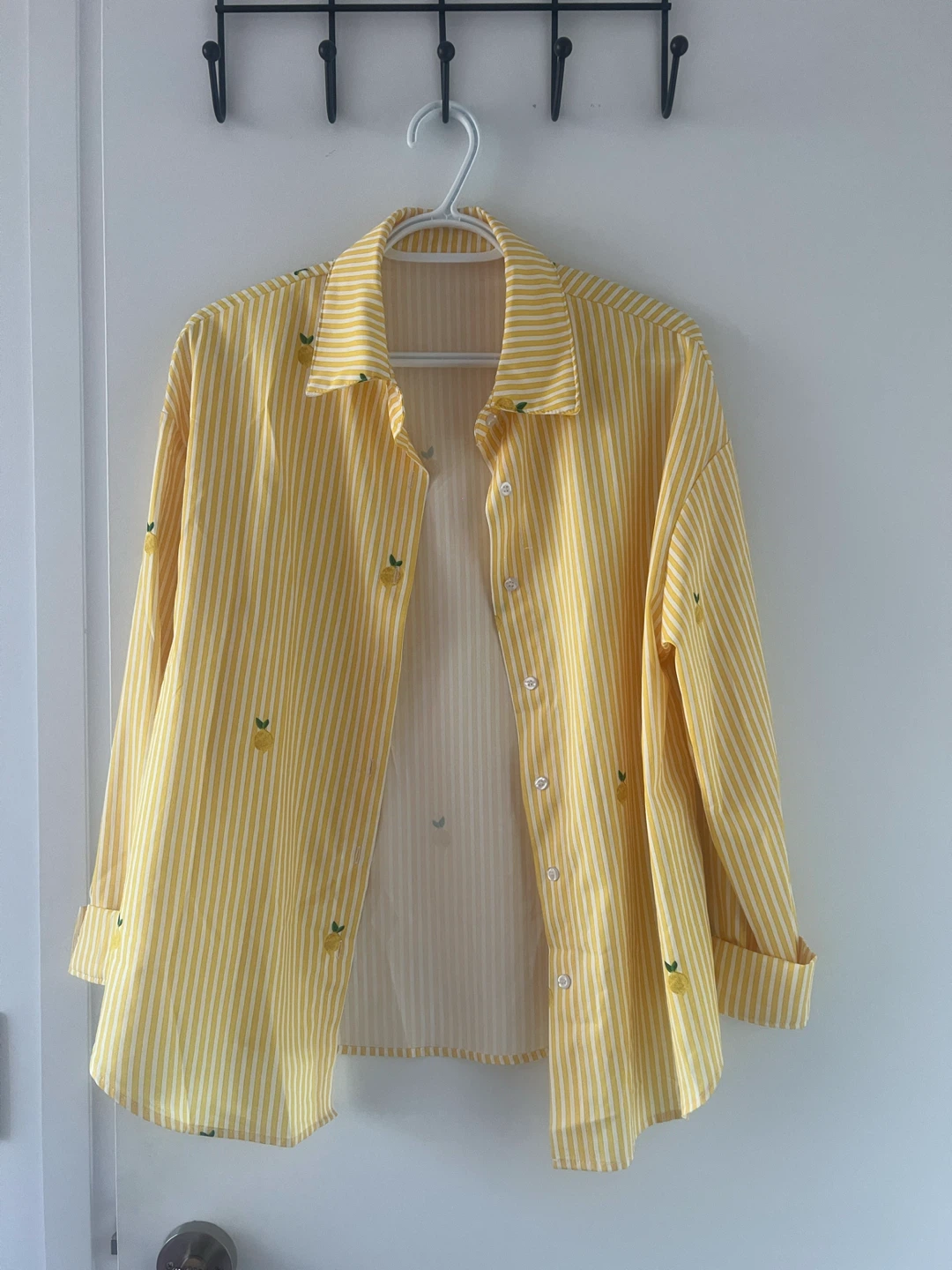 Yellow Striped Button-Up Shirt with Pineapple Print