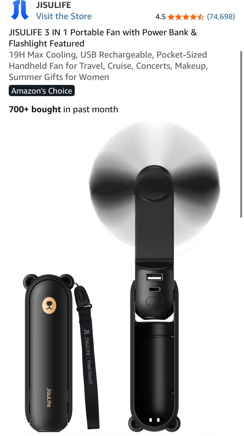 JISULIFE 3-in-1 Portable Fan with Power Bank & Flashlight