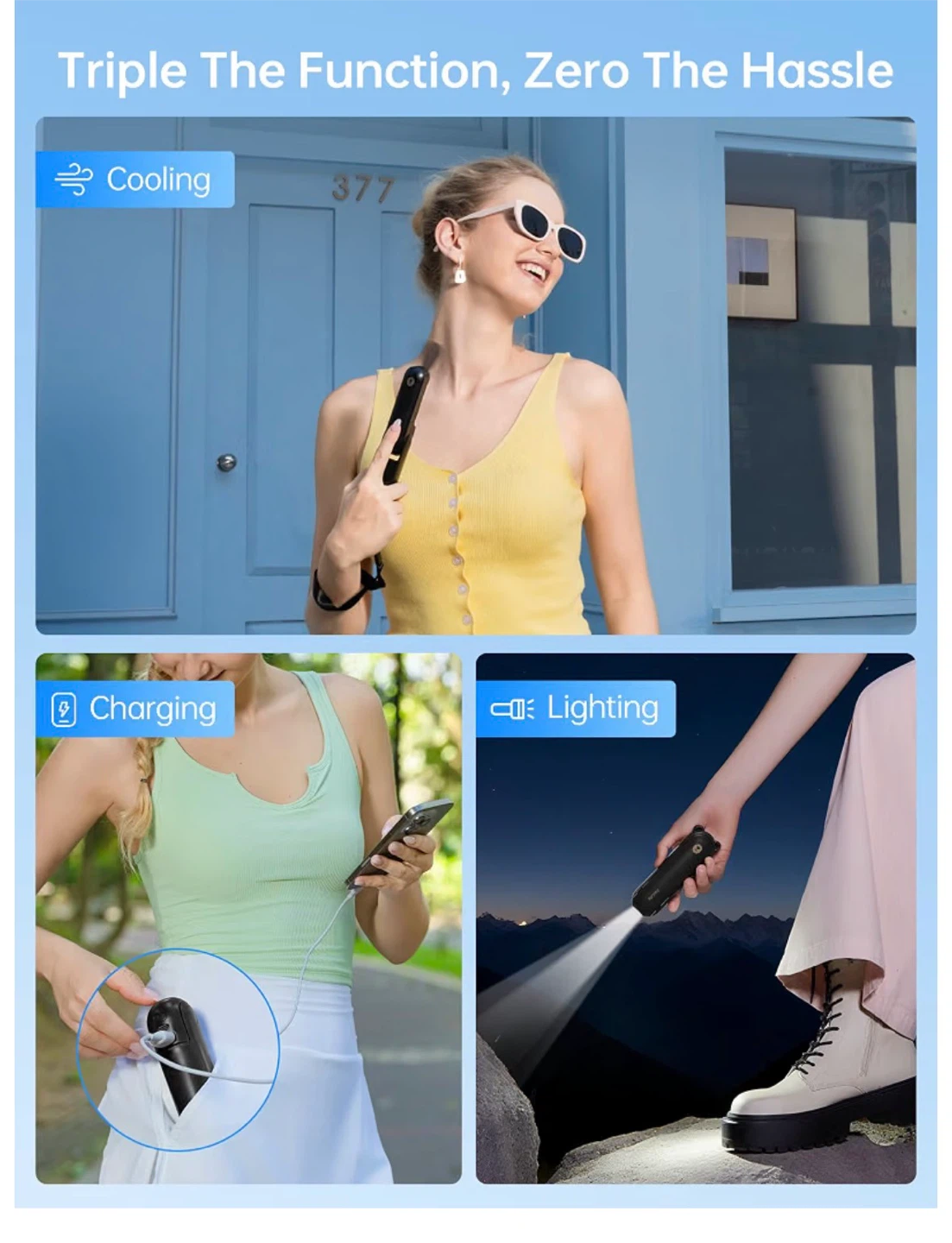 JISULIFE 3-in-1 Portable Fan with Power Bank & Flashlight - photo 2