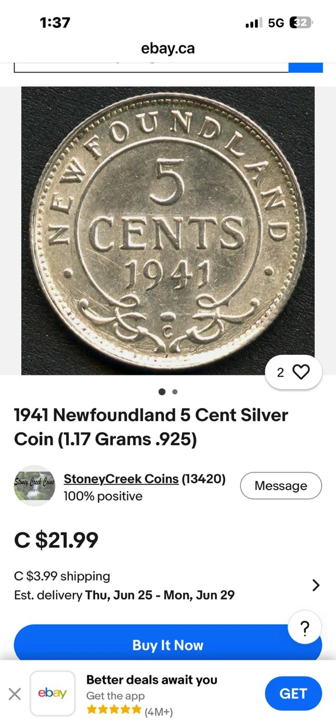 1941 Newfoundland 5 Cent Silver Coin - photo 2
