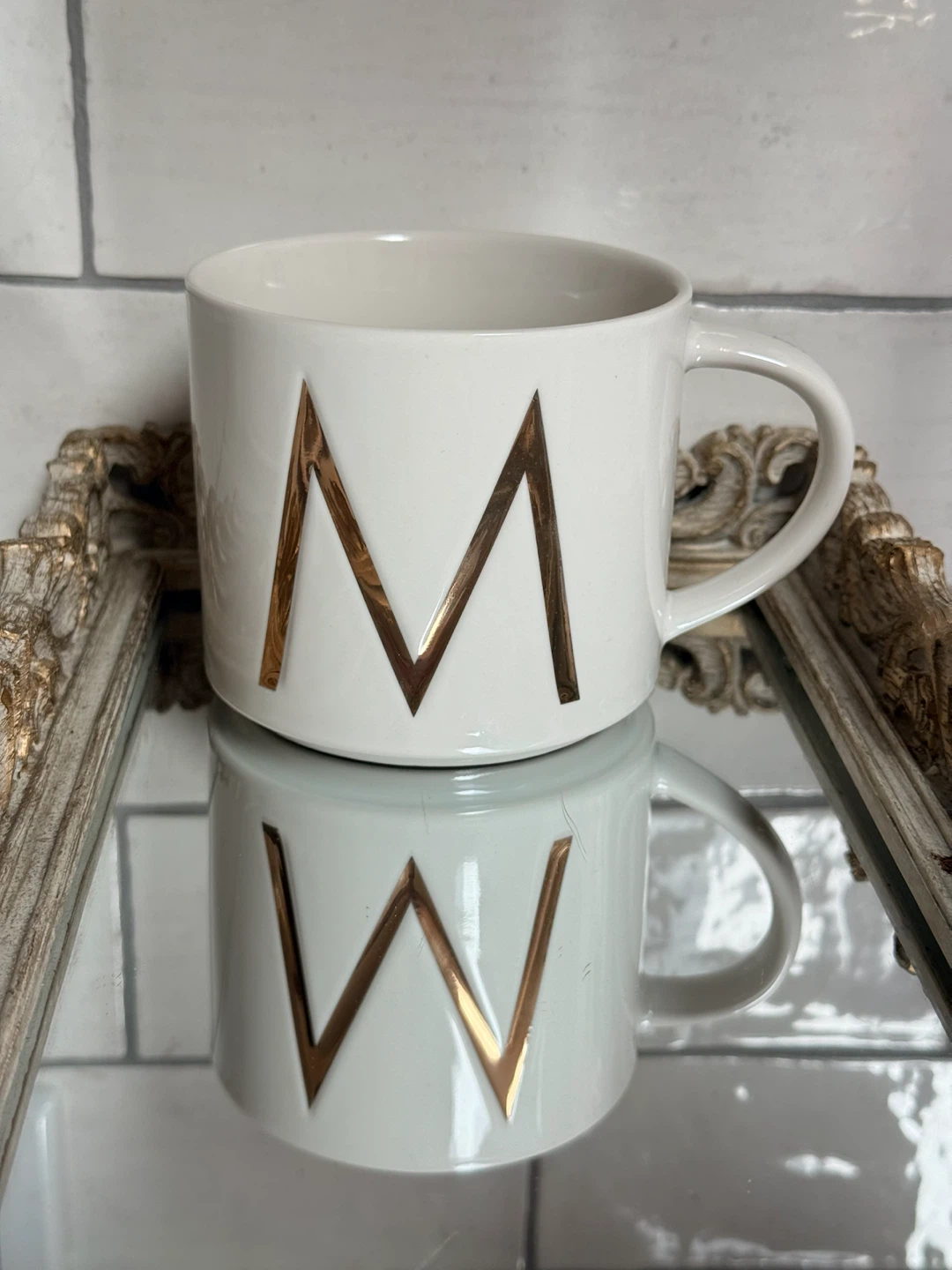 NEW Monogram Initial M White Gold Decor Mug