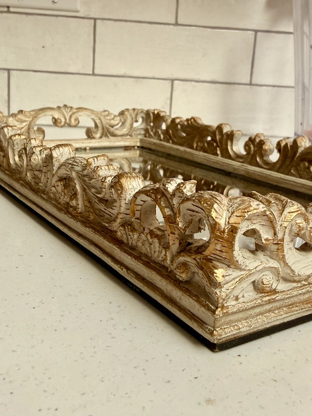 Distressed Cream Ornate Mirrored Tray Wood Mirror - photo 4