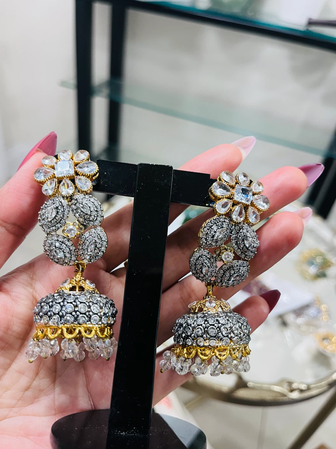 Jhumka Earrings with White Stones - photo 2