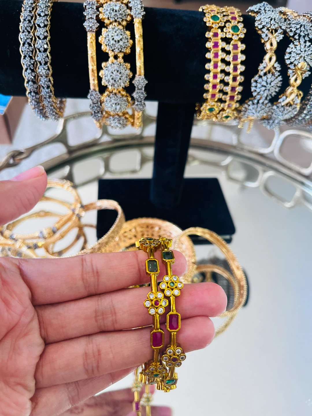 Set of 2 Gold Bangles with Red, Green and White Stones