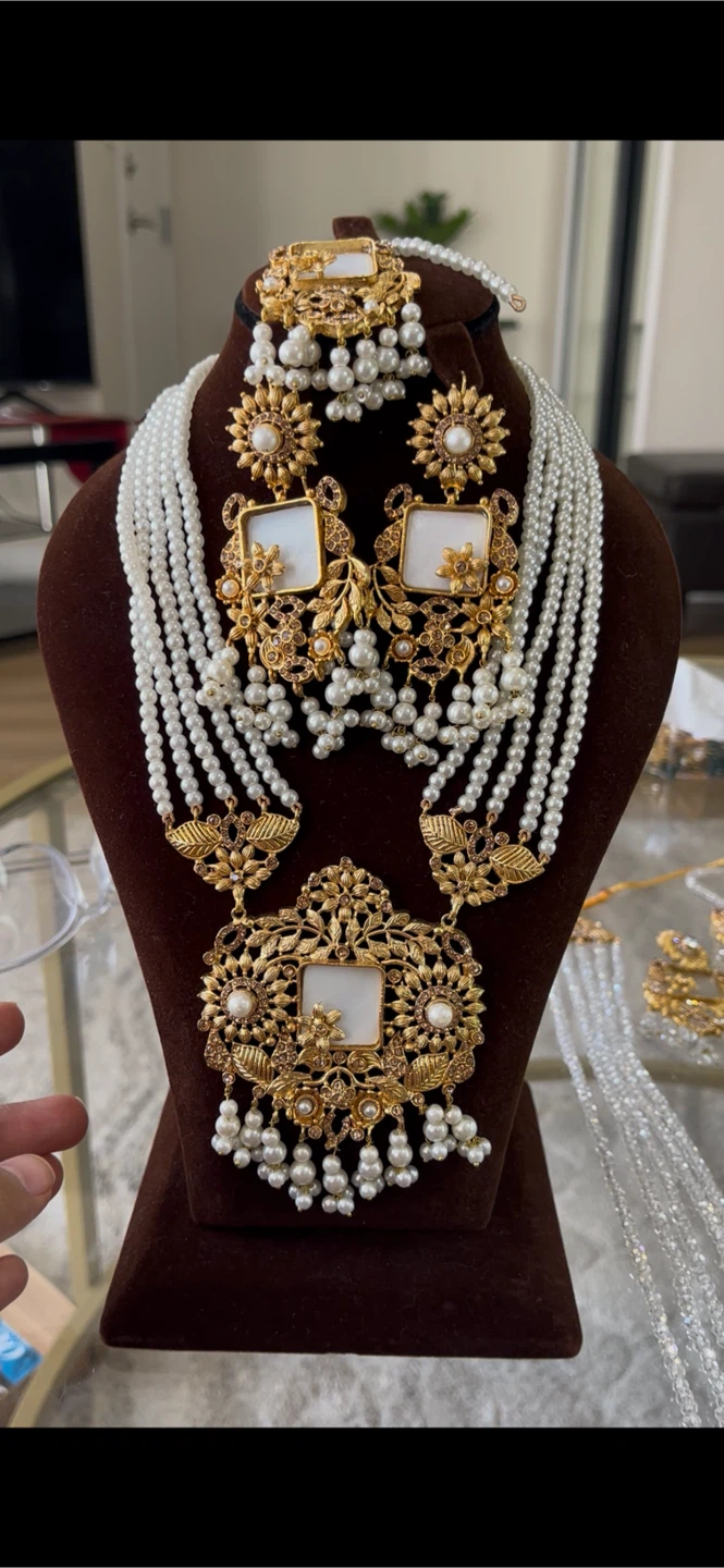 Gold Tone Pearl Beaded Necklace and Earrings Set