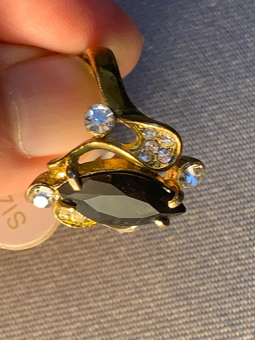 Gold-tone Ring with Black Marquise Stone and Crystals - photo 2