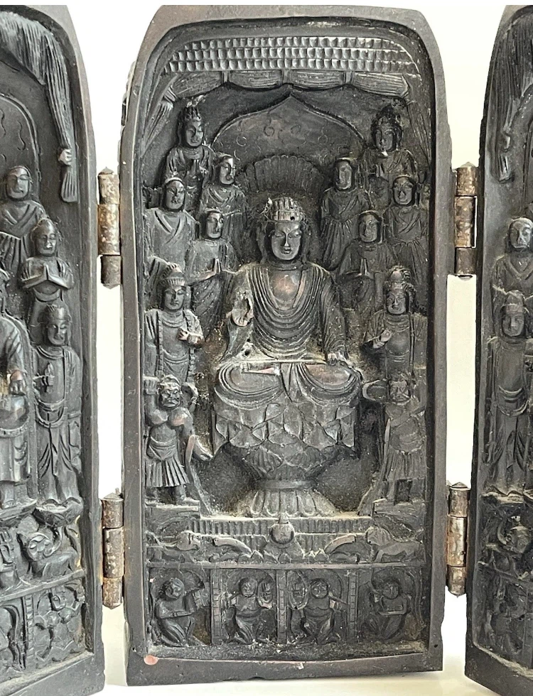 Vintage Carved Wood Panel Triptych Holy Foldable Buddhist Shrine