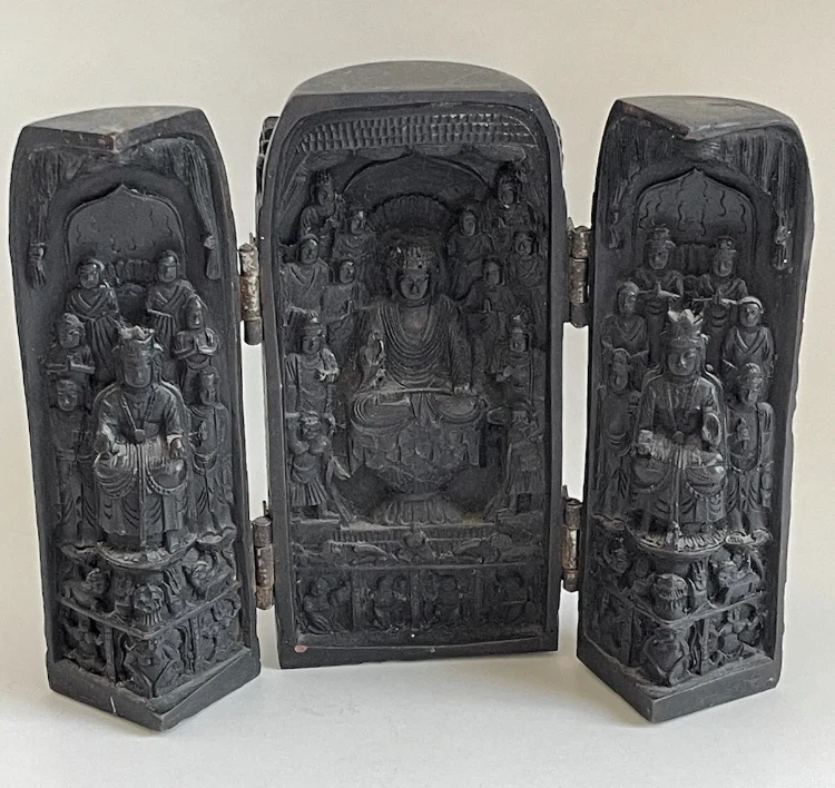Vintage Carved Wood Panel Triptych Holy Foldable Buddhist Shrine - photo 2