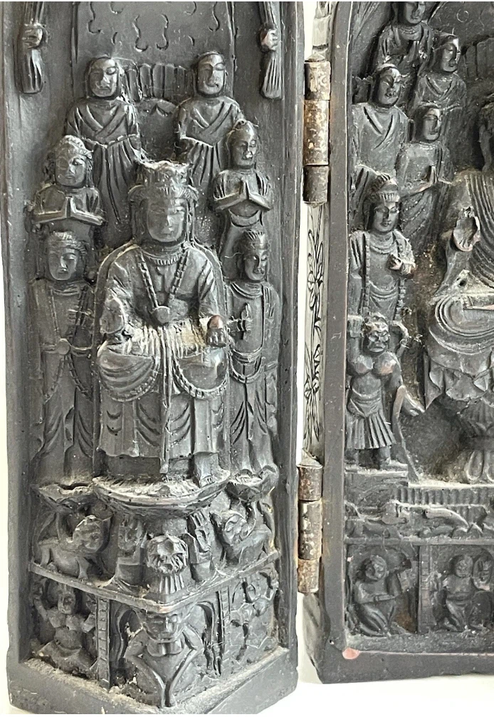 Vintage Carved Wood Panel Triptych Holy Foldable Buddhist Shrine - photo 5