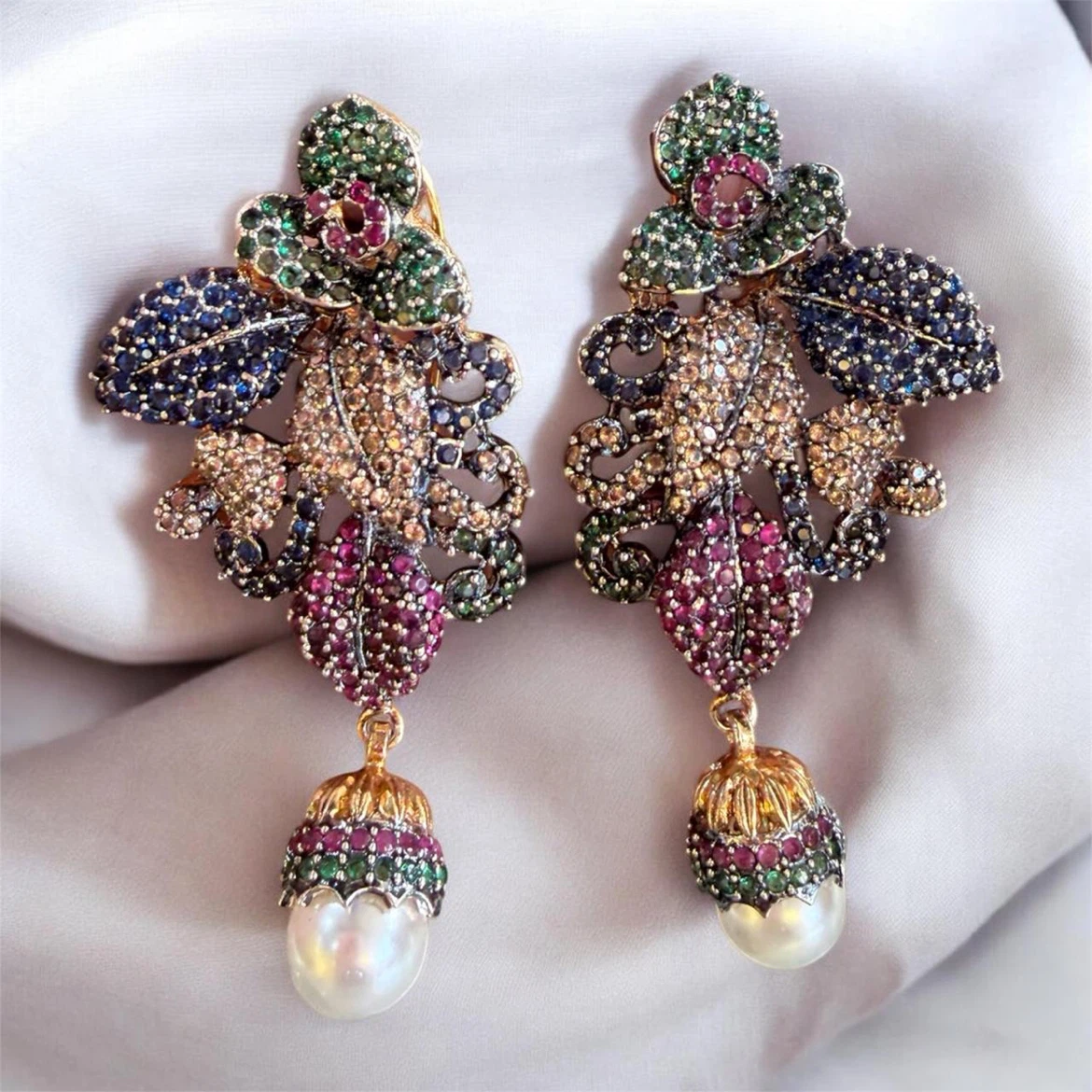 Statement Dangle Earrings with Pearls and Multicoloured Gems - photo 3