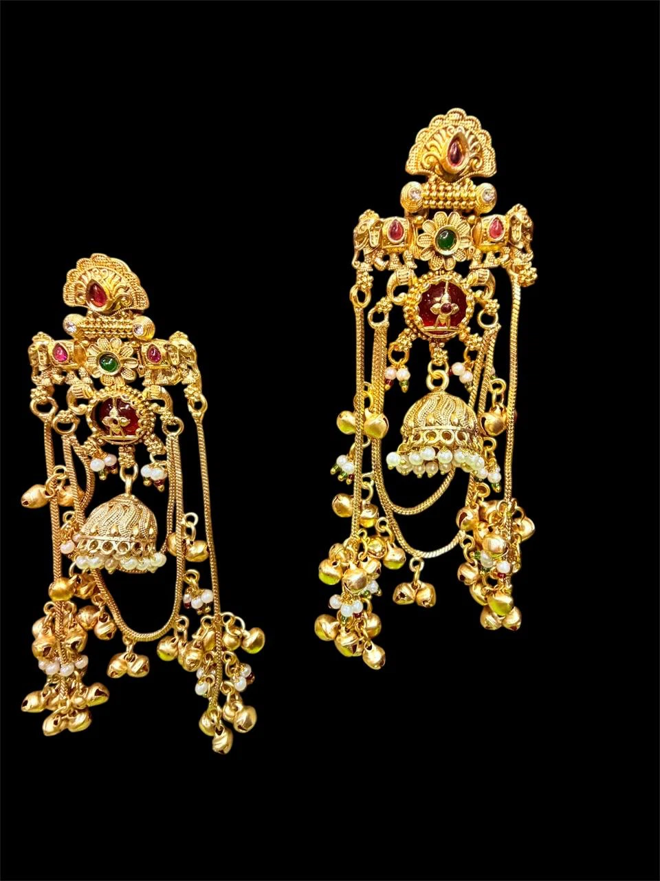 Gold Dangle Earrings with Green Stones