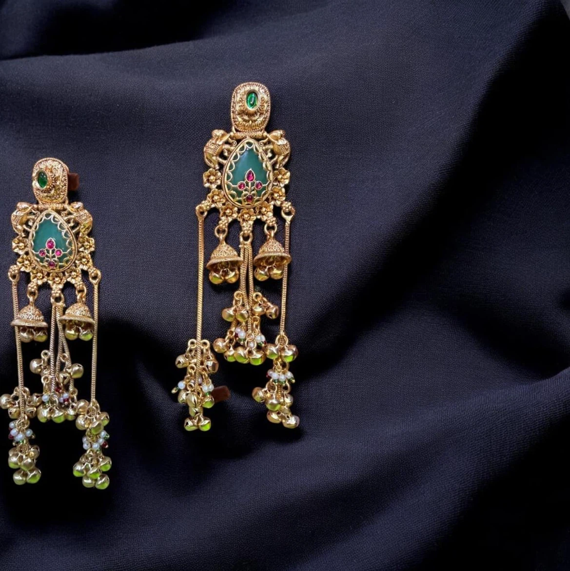 Gold Dangle Earrings with Green Stones - photo 4