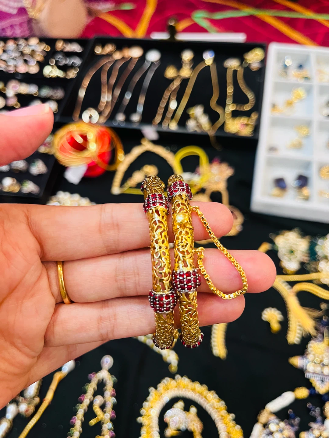 Gold Bangles with Red Stones
