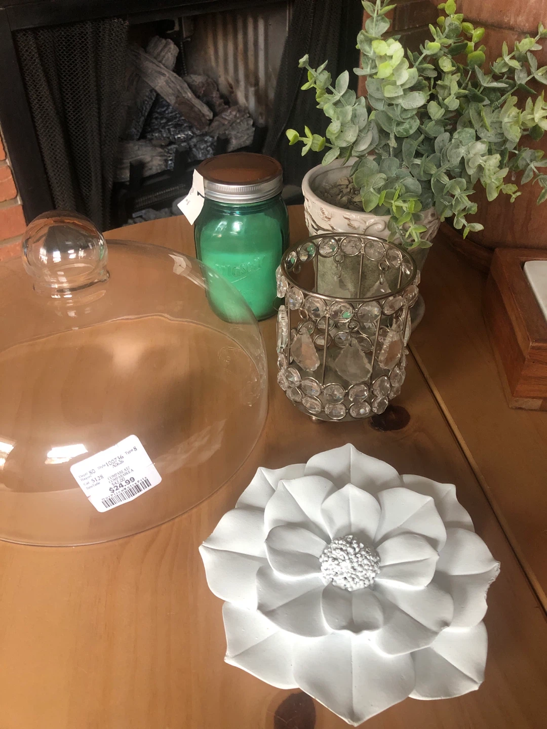 Housewares Lot: Glass Cloche, Candle, Faux Plant etc