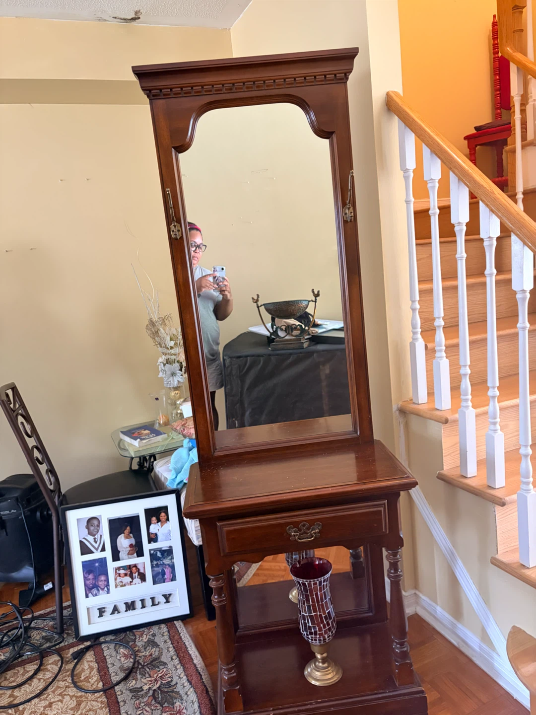 Vintage Wood Standing Mirror with Drawer