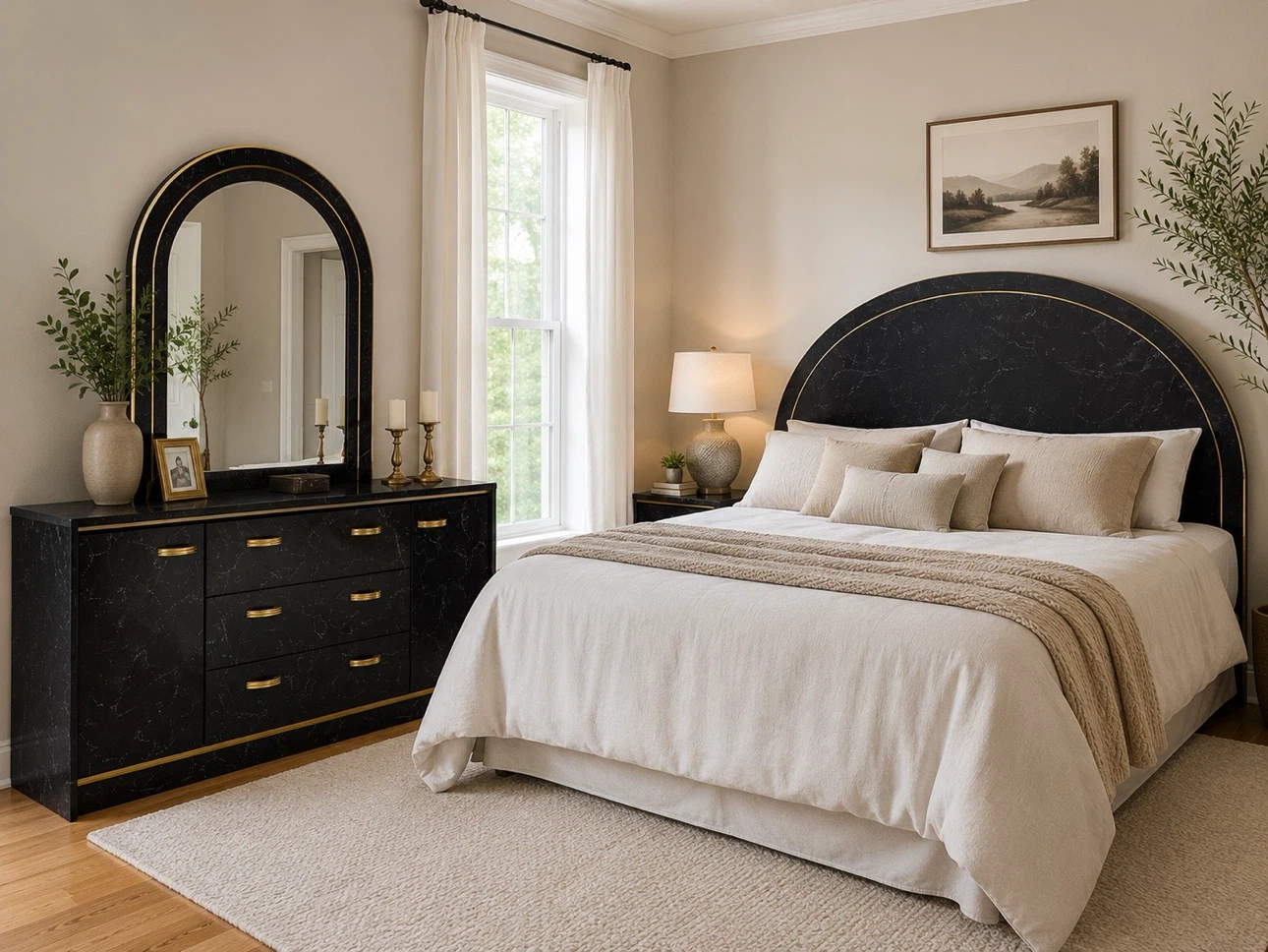 Black Marble Finish Dresser with Gold Accents