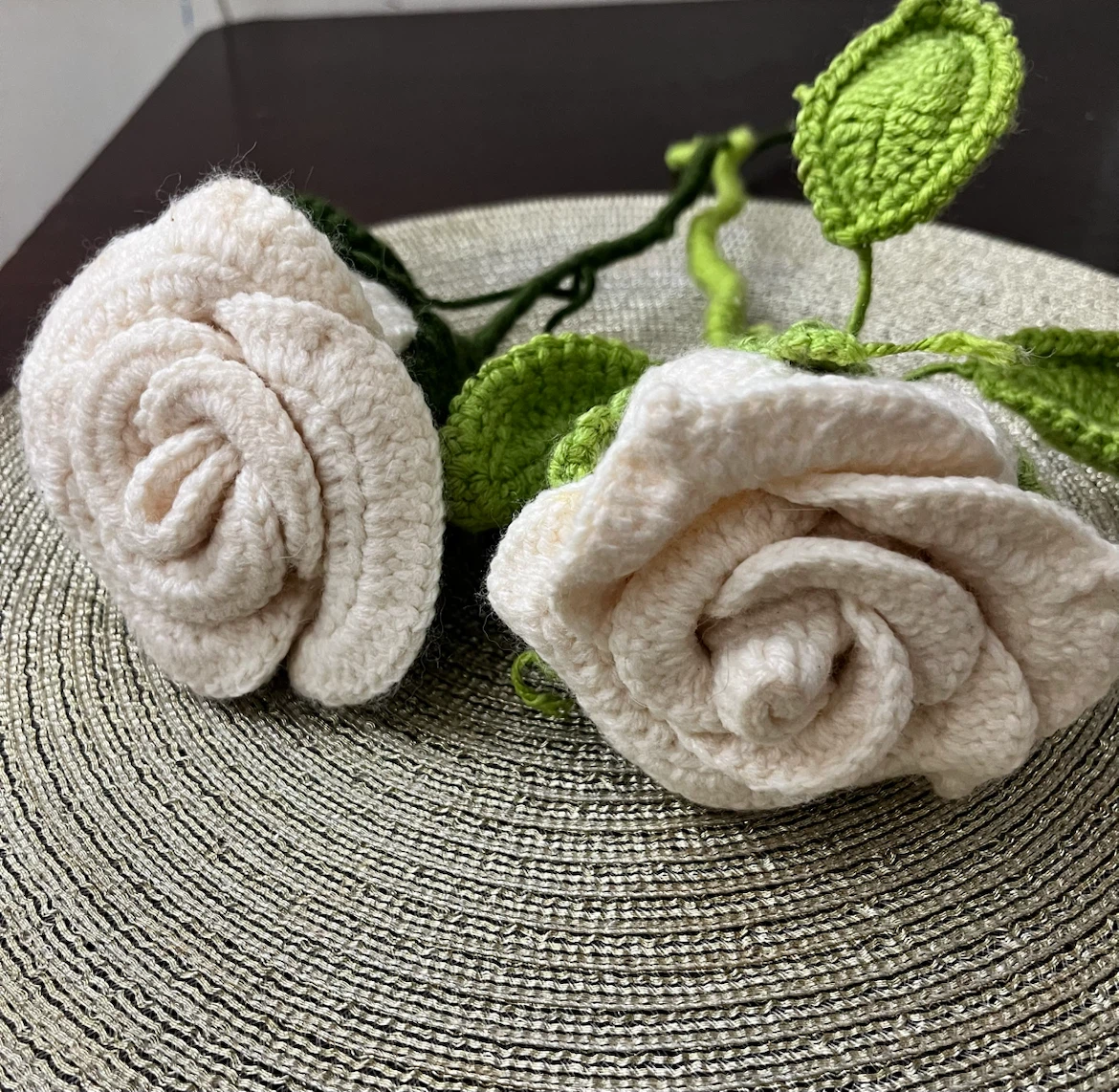 2 Cream Crochet Roses with Green Leaves