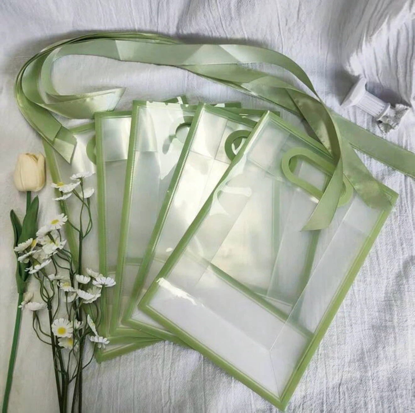 Set of 3 Clear Gift Bags with Sage Green Ribbons