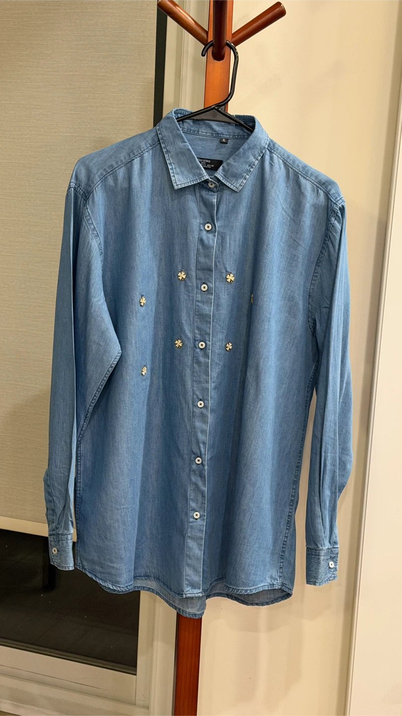 Denim Shirt with Flower Embellishments
