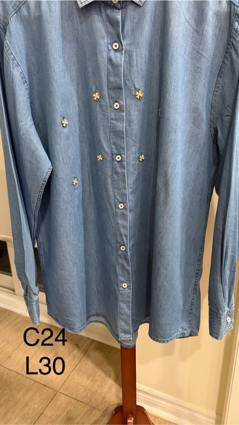 Denim Shirt with Flower Embellishments - photo 3