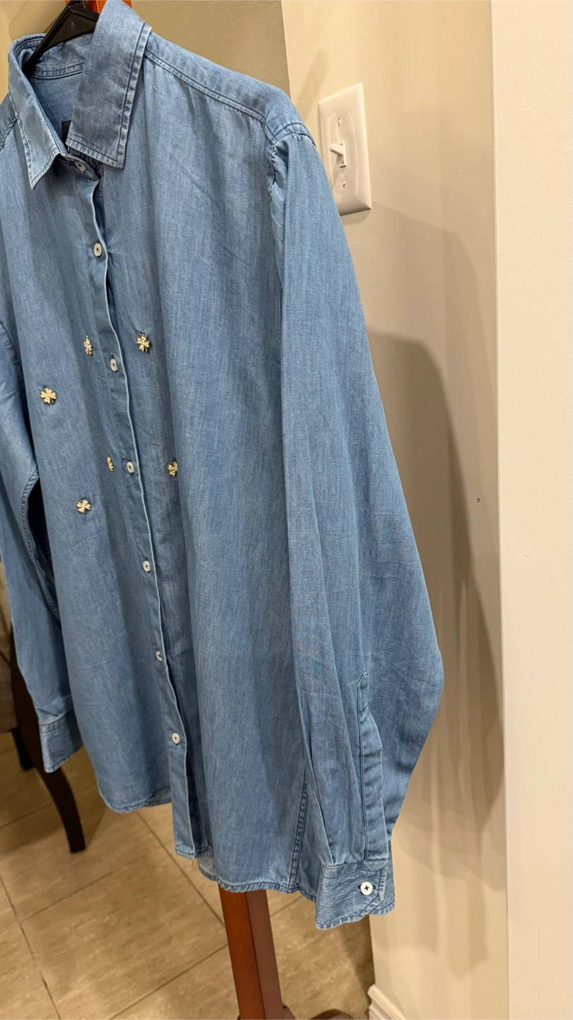 Denim Shirt with Flower Embellishments - photo 4