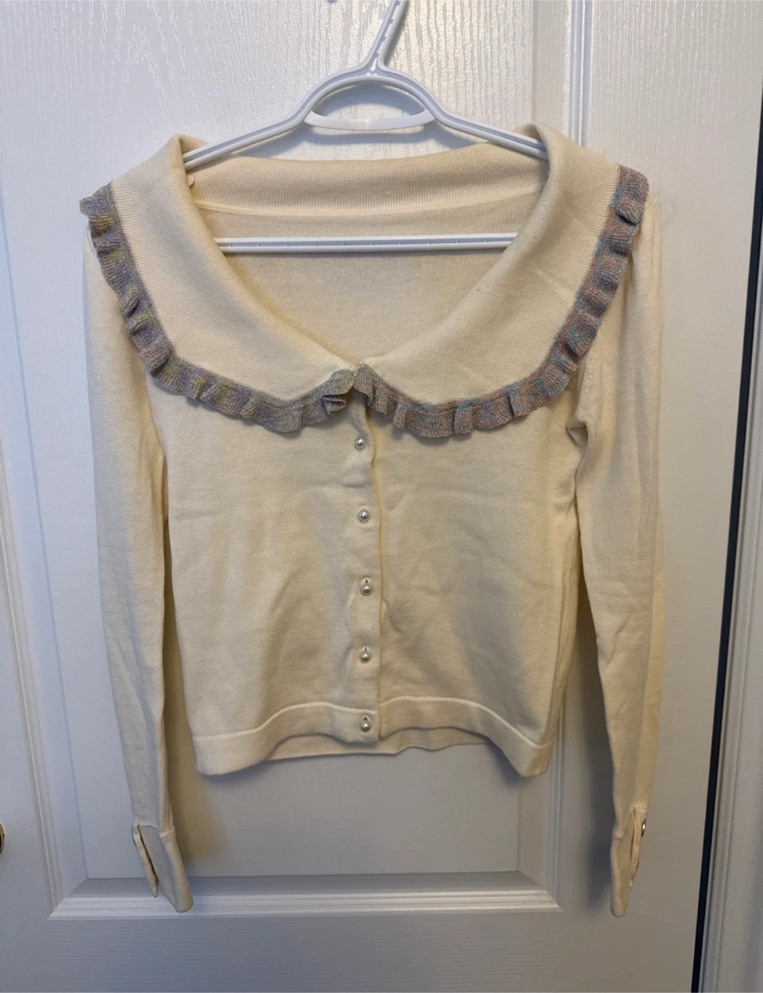 Cute Frilly Cream Cardigan with Pearl Buttons