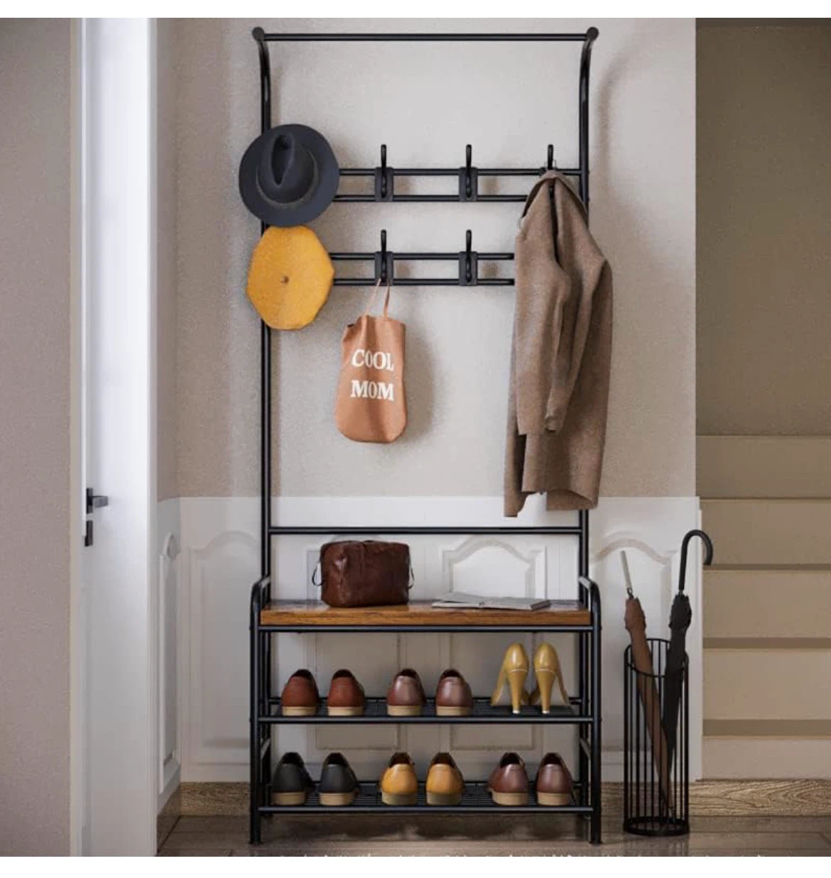 Hall Tree with Coat Hooks and Shoe Bench