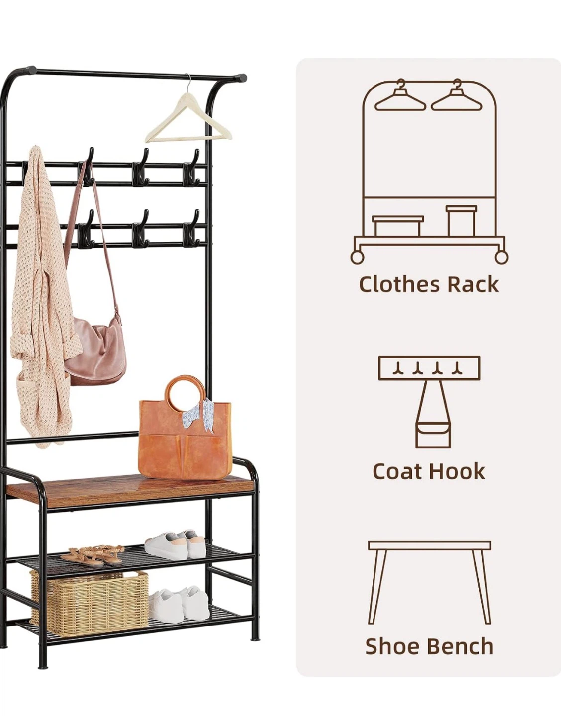 Hall Tree with Coat Hooks and Shoe Bench - photo 3