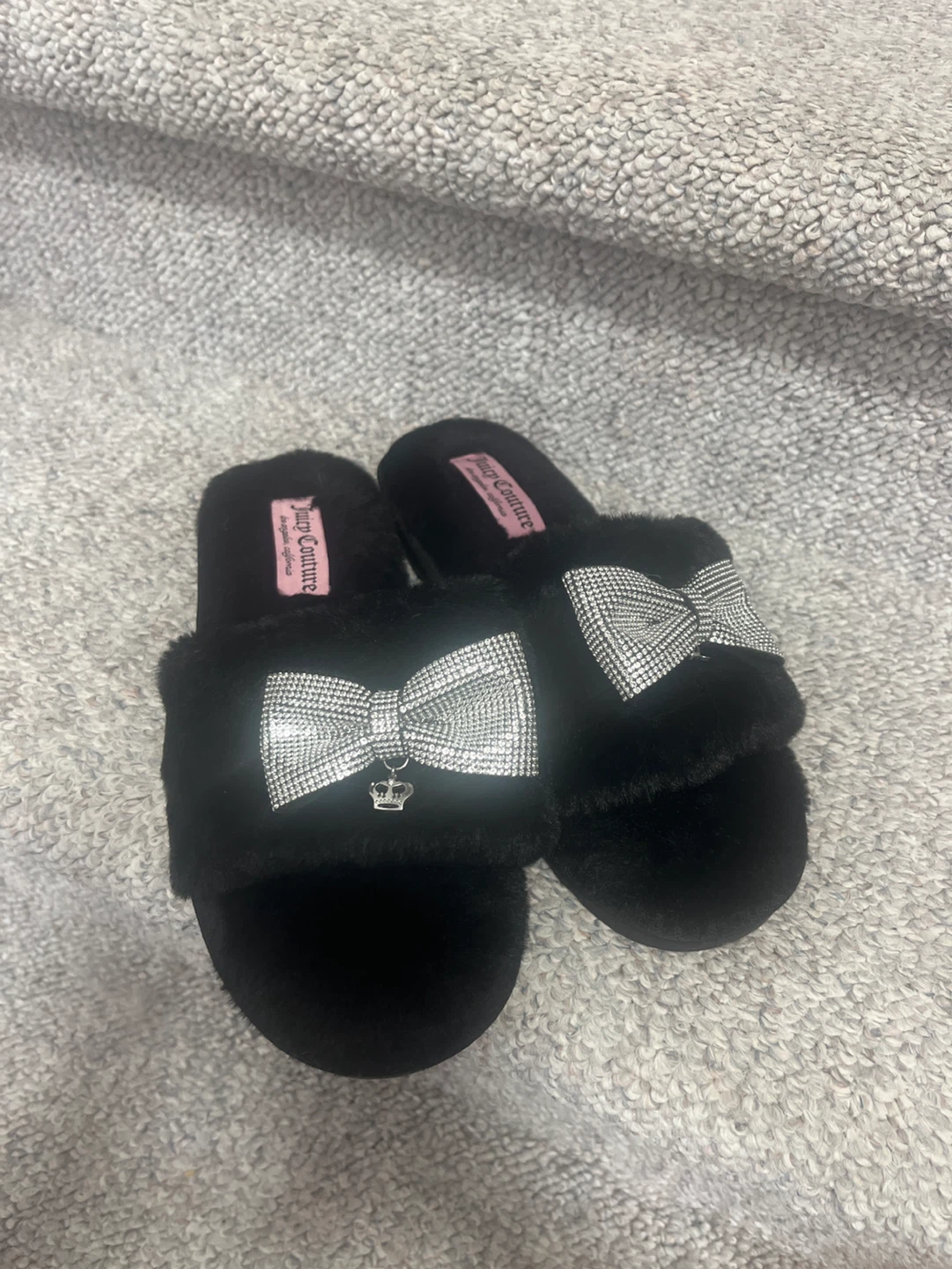 Juicy Couture Black Fuzzy Slippers with Bow