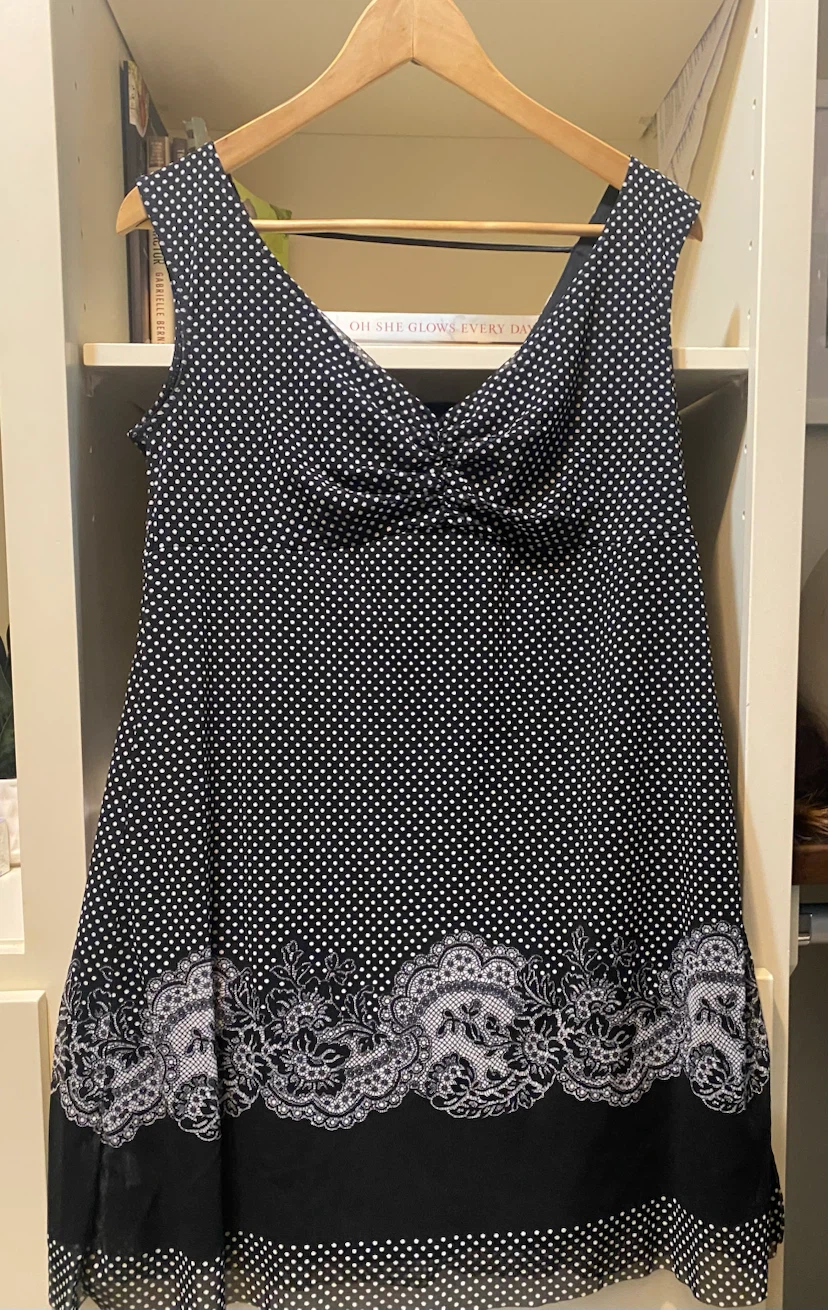 Black and white polka dot dress with lace trim