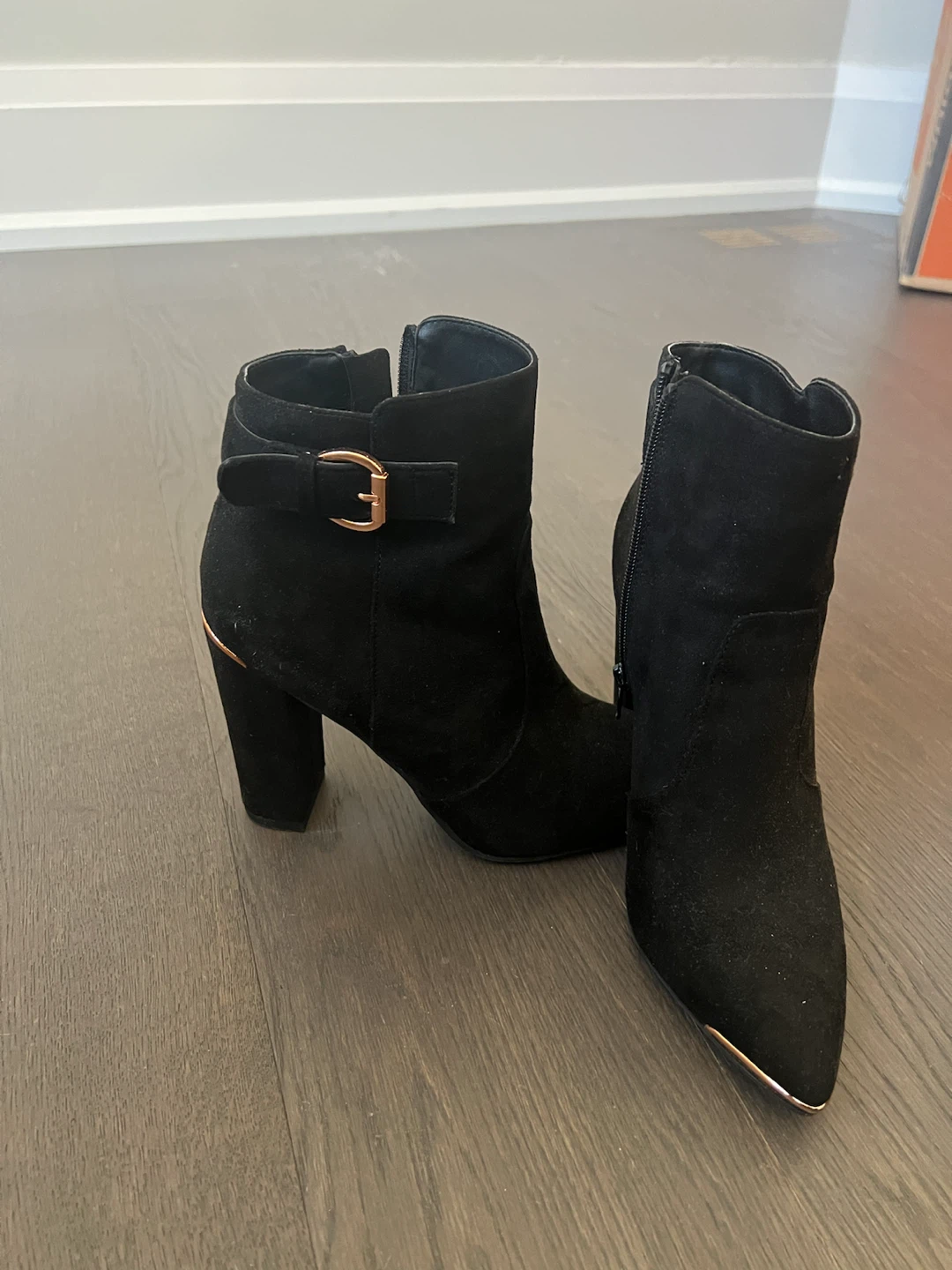 Black Suede Ankle Boots with Gold Accents