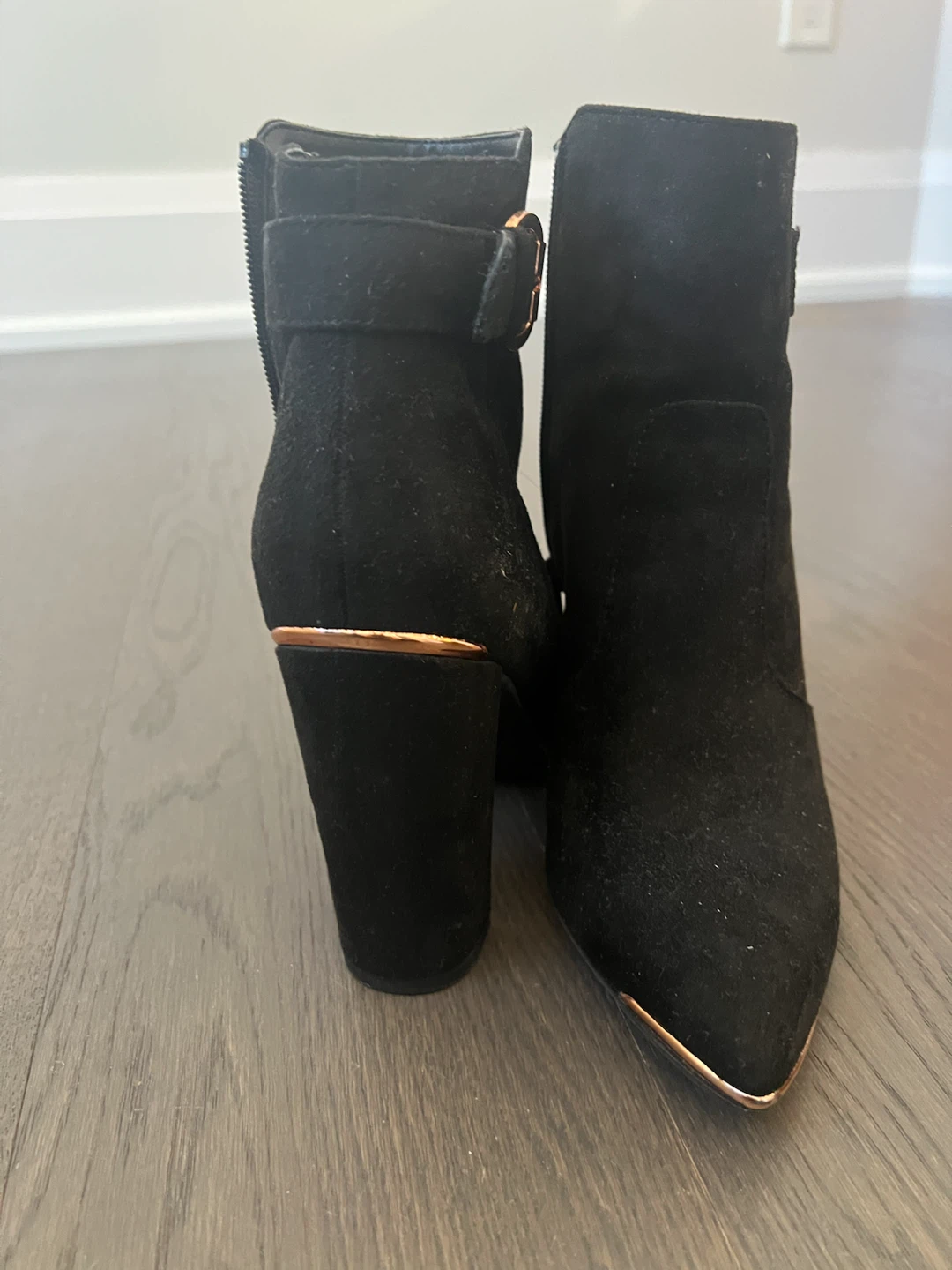 Black Suede Ankle Boots with Gold Accents - photo 2
