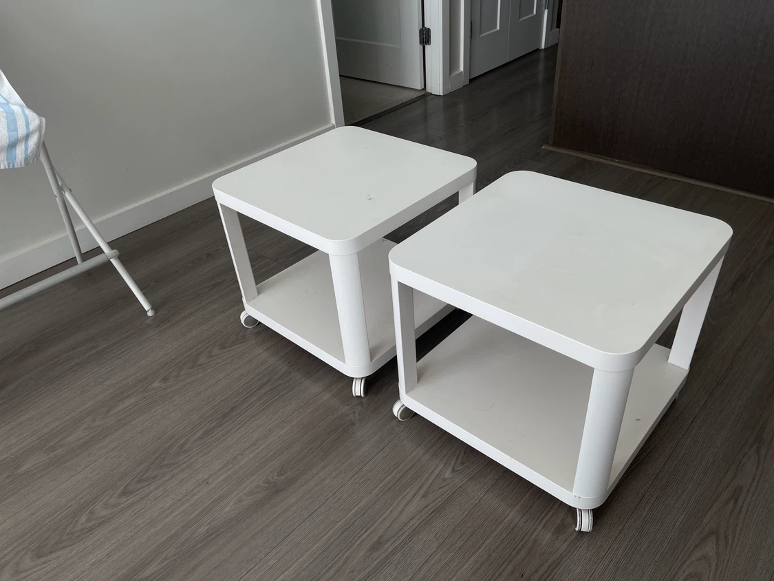 Two White Side Tables with Wheels - photo 2