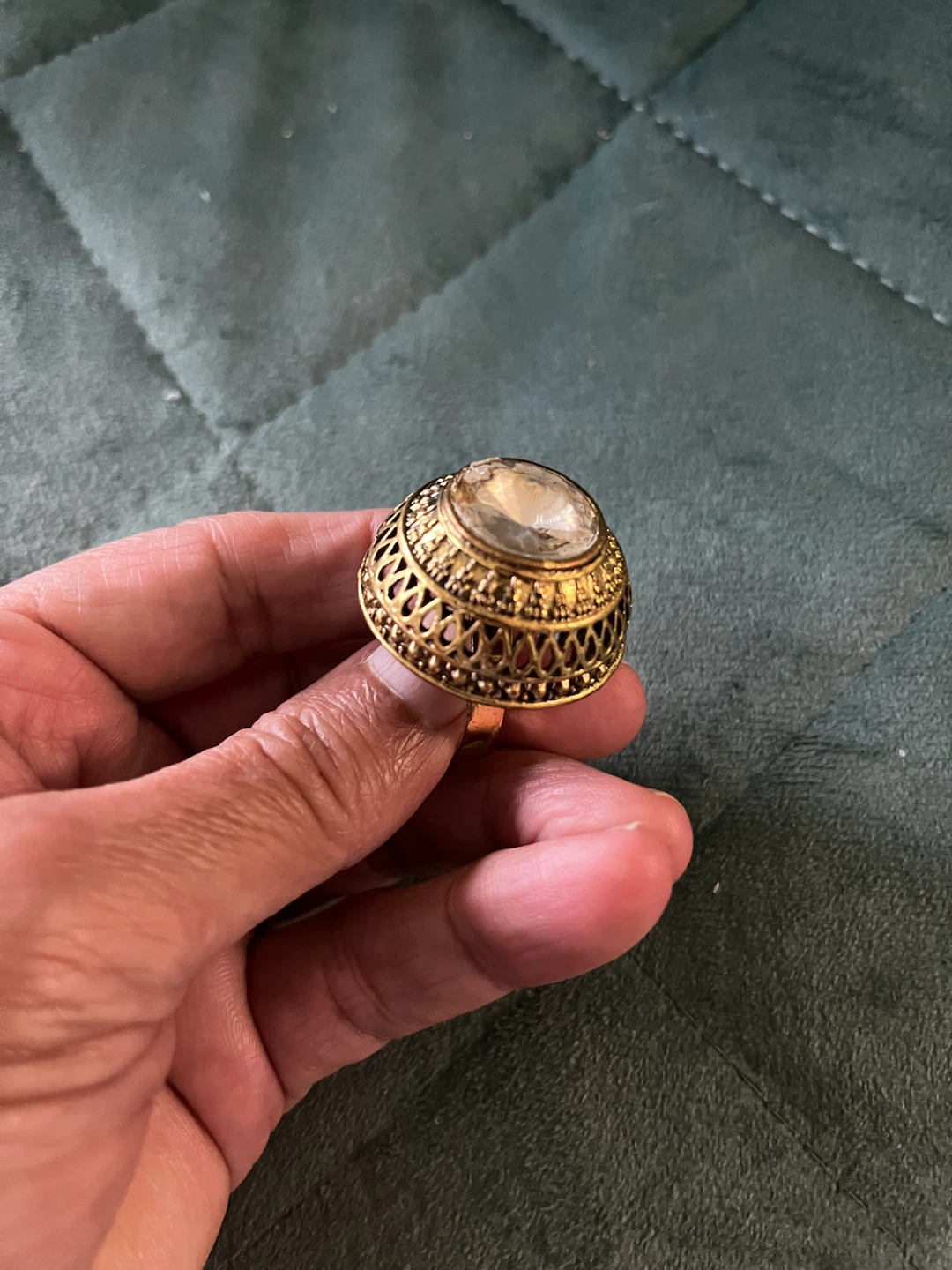 Gold Tone Statement Ring with Clear Stone