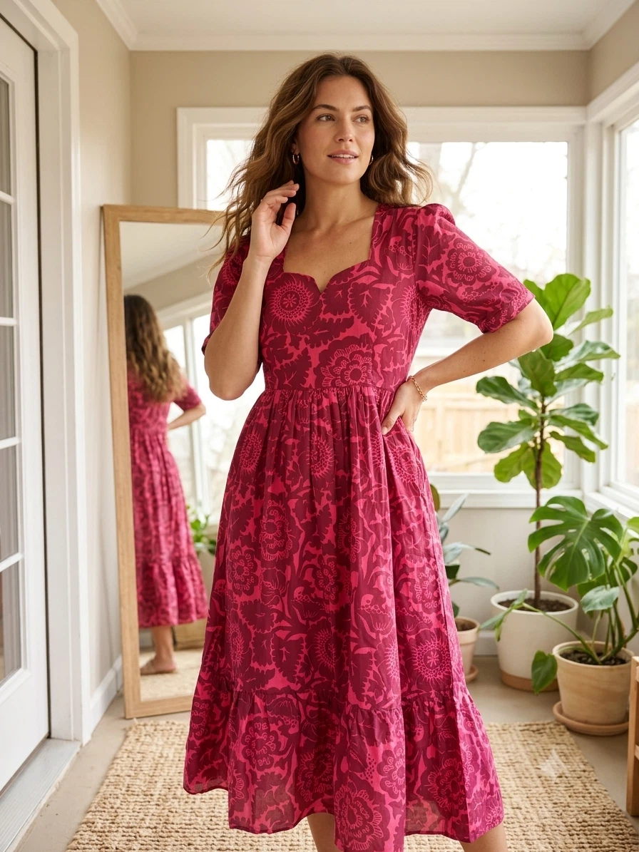 RedFloral Midi Dress