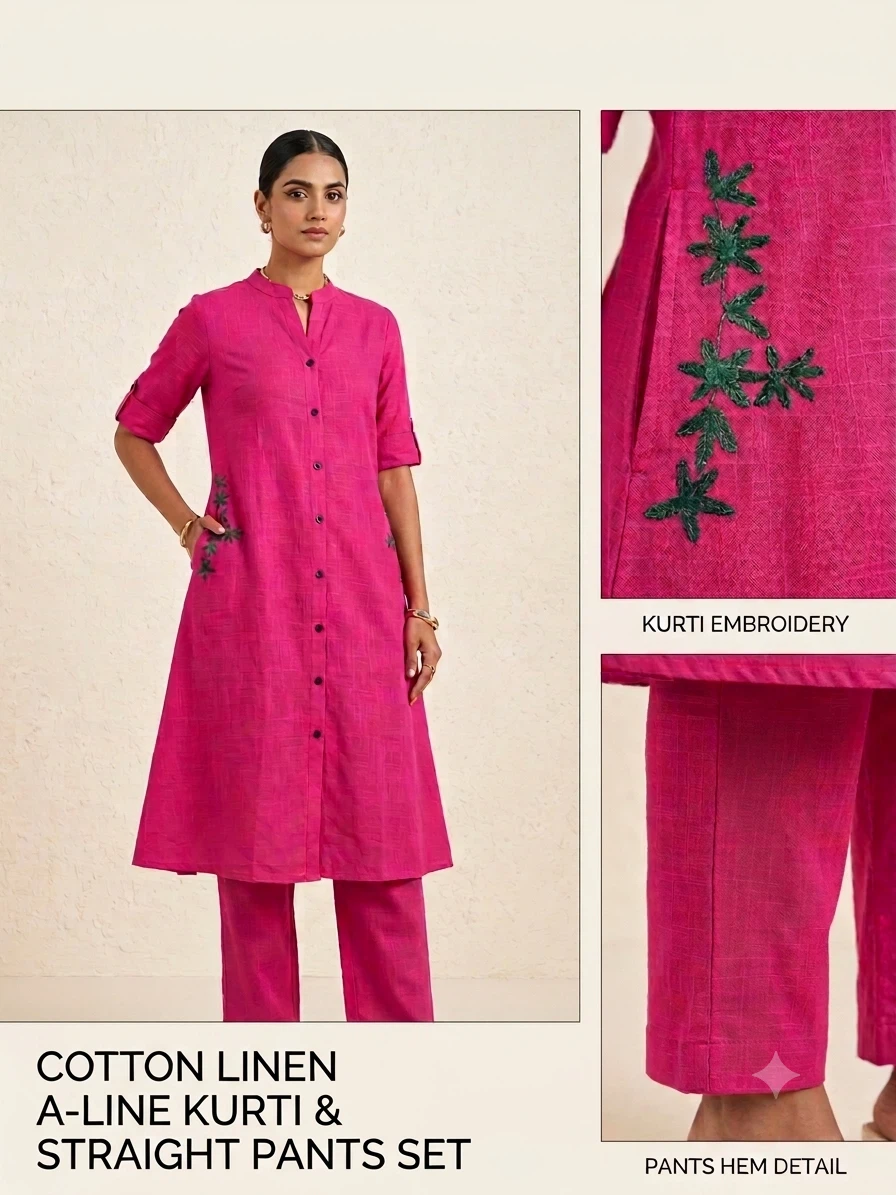 Cotton Linen A-Line Kurti & Straight Pants Set