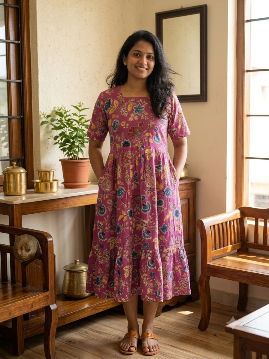 Festival Women's Kalamkari  Print Midi Dress
