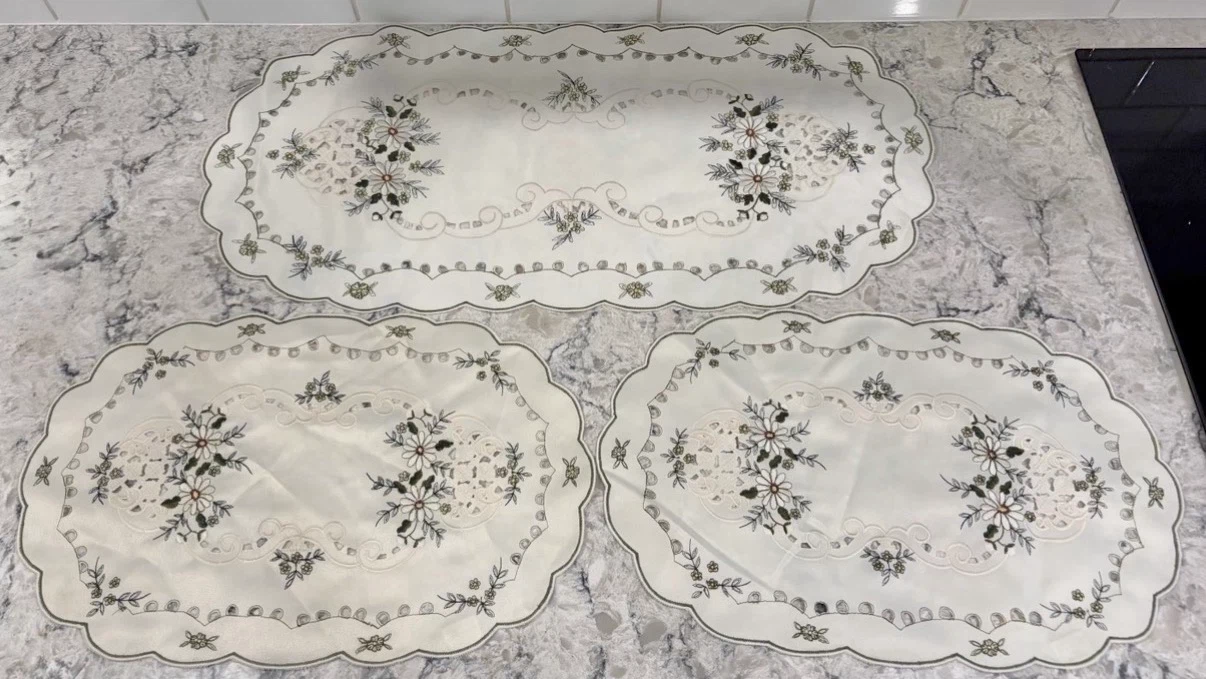 Vintage Hand Embroidered Table Runner/Doily Set (3)